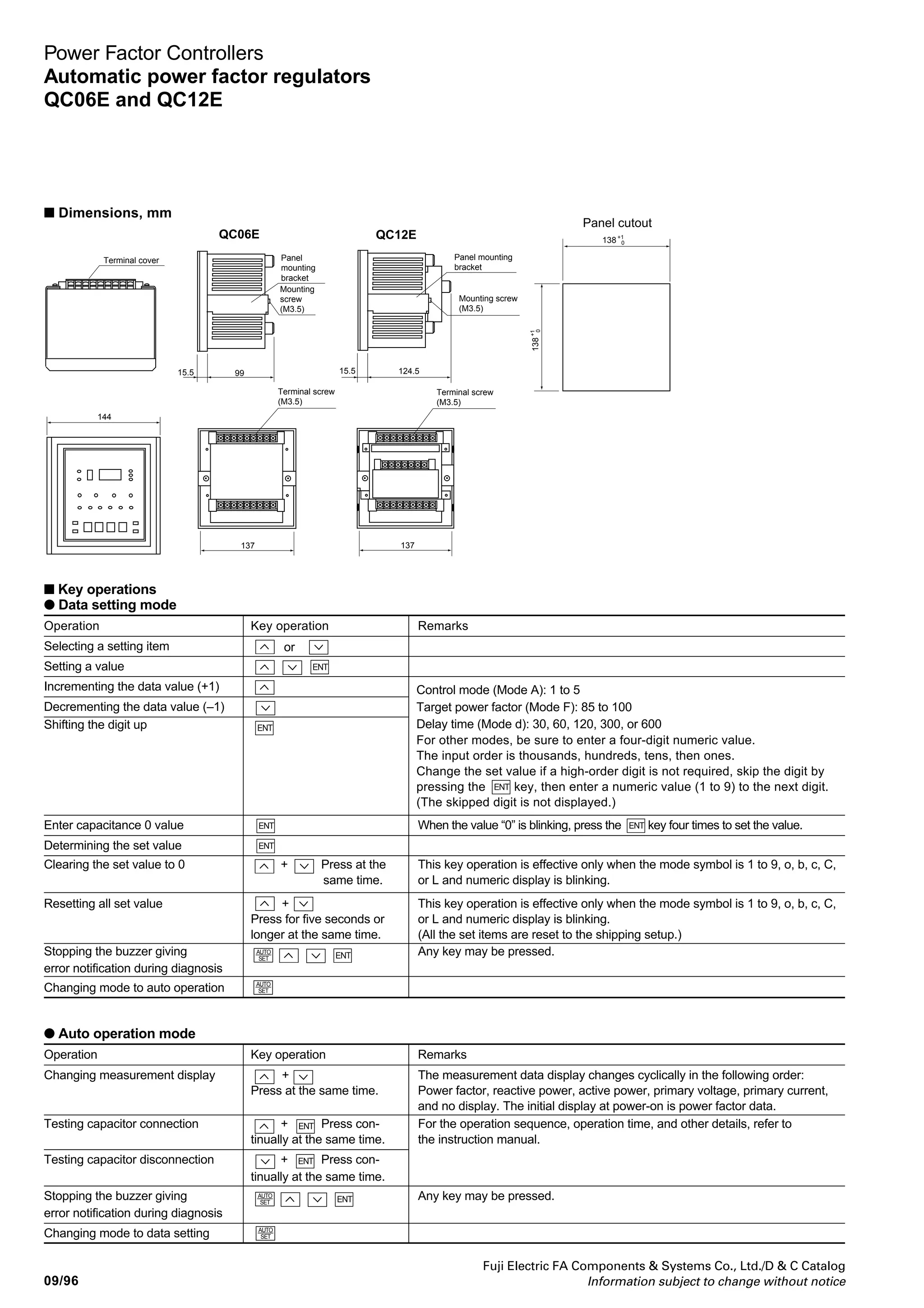 Fuji Electric FA Components  Systems Co., Ltd./D  C Catalog
Information subject to change without notice
09
09/95
Power Factor Controllers
Automatic power factor regulators
QC06E and QC12E
■ Terminals
Used for Terminal symbol Terminal name Description
Input P2 (at 220V) Voltage input Connect this terminal
P3 (220V) directly to a 220V power line.
Note: The current for the internal control
power supply flows between
terminal P2 and P3.
P2 (at 440V) Voltage input Connect this terminal directly to a 440V
P3 (440V) power line.
Note: The current for the internal control
power supply flows between
terminal P2 and P3.
1S, 1L Current input Connect these terminals to the
secondary side of a CT.
E Ground Grounding resistance:
100 or less
Contact output COM Capacitor control Connect the common cable for
output common capacitor connection and
disconnection signals. Be sure to
connect the upper and middle COM
terminals (QC12E)
C 1 to C12 Control output This terminal output control
terminal for signals to the capacitor control
C 1 to C12 section (Ex. VMC*1
) connected to the
terminal.
External forced OFF + Forced Connect this terminal to one side
disconnection disconnection of a contact for a contact signal input.
signal input *2
signal input Connect this terminal to a collector
(positive) for NPN transistor open-collector
signal input.
OFF – Forced Connect this terminal to opposing
disconnection side of a contact for a contact
signal input signal input.
(negative) Connect this terminal to 0V for
NPN transistor open-collector
signal input.
Notes:
*1
VMC: Vacuum magnetic contactor
*2
Signal input circuits
ON voltage VL  1. 0V
Drain current Io = Approx. 10mA
QC06E +5V
Forced
disconnection
signal
External equipment
Open collectorOFF+
OFF-
0V 0V
I
V
QC12E
o
L
QC06E and QC12E
Upper terminal
arrangement
Lower terminal
arrangement
QC12E only
Middle terminal
arrangement
C6 C5 C4 C3 C2 C1 COM OFF– OFF+
Main circuit
* NC * NC 1S 1L * NC P3 P2 (220V) P2 (440V) E
C12 C11 C10 C9 C8 C7 COM
Control circuit
Main circuit
Note: For QC12E, the upper and middle COM terminals are not connected
internally. Be sure to connect these terminals.
*NC: No connection
 