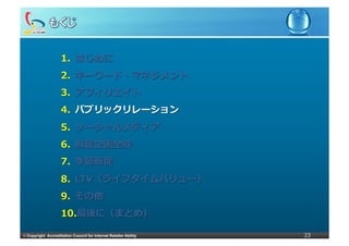 1.  はじめに
                     2.  キーワード・マネジメント
                     3.  アフィリエイト
                     4.  パブリックリレーション
                     5.  ソーシャルメディア
                     6.  販促企画全般
                     7.  季節販促
                     8.  LTV（ライフタイムバリュー）
                     9.  その他
                     10. 最後に（まとめ）

©	
  Copyright Accreditation Council for Internet Retailer Ability   23
 