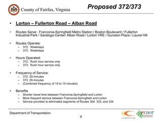 County of Fairfax, Virginia
                                                         Proposed 372/373

• Lorton – Fullerton Road – Alban Road
•   Routes Serve: Franconia-Springfield Metro Station / Boston Boulevard / Fullerton
    Industrial Park / Saratoga Center/ Alban Road / Lorton VRE / Gunston Plaza / Laurel Hill

•   Routes Operate:
     –    372: Weekdays
     –    373: Weekdays

•   Hours Operated:
     –    372 : Rush hour service only
     –    373: Rush hour service only

•   Frequency of Service:
     –    372: 29 minutes
     –    373: 29 minutes
     –    (Combined frequency of 14 to 15 minutes)

•   Benefits
     –    Shorter travel time between Franconia-Springfield and Lorton
     –    More frequent service between Franconia-Springfield and Lorton
     –    Service provided to eliminated segments of Routes 304, 333, and 334


Department of Transportation
                                                     9
 