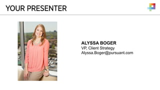 YOUR PRESENTER
ALYSSA BOGER
VP, Client Strategy
Alyssa.Boger@pursuant.com
 