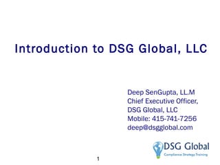 Introduction to DSG Global, LLC
Deep SenGupta, LL.M
Chief Executive Officer,
DSG Global, LLC
Mobile: 415-741-7256
deep@dsgglobal.com
1
 