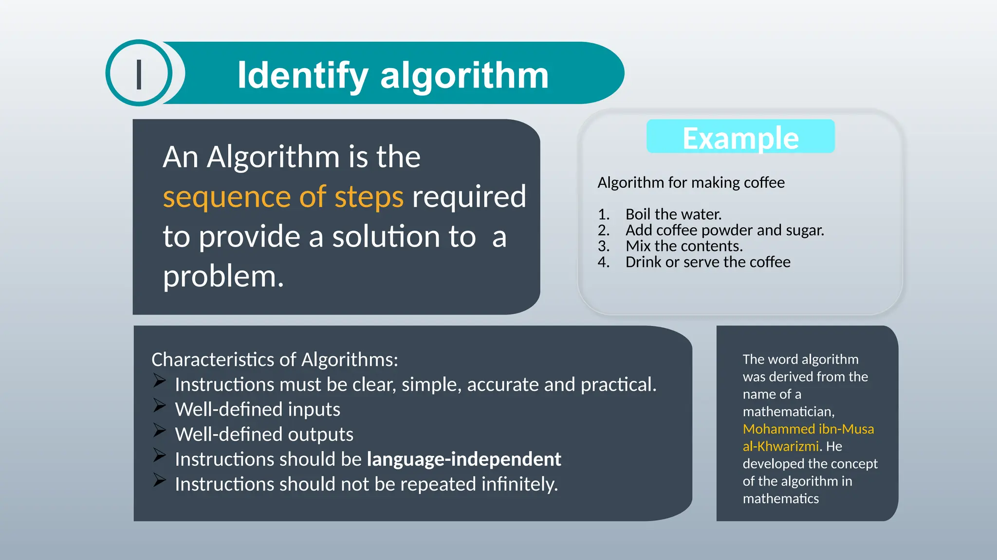 Identify algorithm
I
An Algorithm is the
sequence of steps required
to provide a solution to a
problem.
The word algorithm
was derived from the
name of a
mathematician,
Mohammed ibn-Musa
al-Khwarizmi. He
developed the concept
of the algorithm in
mathematics
Algorithm for making coffee
1. Boil the water.
2. Add coffee powder and sugar.
3. Mix the contents.
4. Drink or serve the coffee
Example
Characteristics of Algorithms:
 Instructions must be clear, simple, accurate and practical.
 Well-defined inputs
 Well-defined outputs
 Instructions should be language-independent
 Instructions should not be repeated infinitely.
 
