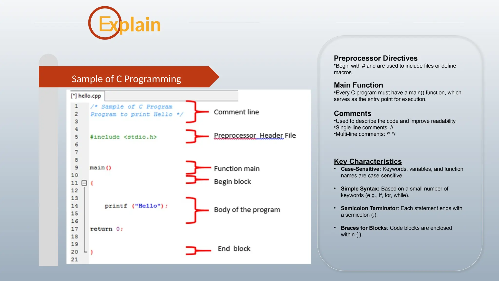 Sample of C Programming
Preprocessor Directives
•Begin with # and are used to include files or define
macros.
Main Function
•Every C program must have a main() function, which
serves as the entry point for execution.
Comments
•Used to describe the code and improve readability.
•Single-line comments: //
•Multi-line comments: /* */
Key Characteristics
• Case-Sensitive: Keywords, variables, and function
names are case-sensitive.
• Simple Syntax: Based on a small number of
keywords (e.g., if, for, while).
• Semicolon Terminator: Each statement ends with
a semicolon (;).
• Braces for Blocks: Code blocks are enclosed
within { }.
Explain
 