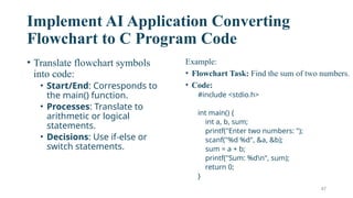 47
Implement AI Application Converting
Flowchart to C Program Code
• Translate flowchart symbols
into code:
• Start/End: Corresponds to
the main() function.
• Processes: Translate to
arithmetic or logical
statements.
• Decisions: Use if-else or
switch statements.
Example:
• Flowchart Task: Find the sum of two numbers.
• Code:
#include <stdio.h>
int main() {
int a, b, sum;
printf("Enter two numbers: ");
scanf("%d %d", &a, &b);
sum = a + b;
printf("Sum: %dn", sum);
return 0;
}
 