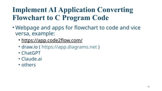 48
Implement AI Application Converting
Flowchart to C Program Code
• Webpage and apps for flowchart to code and vice
versa, example:
• https://app.code2flow.com/
• draw.io ( https://app.diagrams.net )
• ChatGPT
• Claude.ai
• others
 