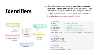 7
Identifiers
• Identifiers are names given to variables, constant,
functions, arrays, classes, etc. in a C program. They
help in identifying and referring to program elements.
• ✅ Valid: studentName, _count, total_sum, firstName2
• ❌ Invalid: 2total, my-name, void, #price
 