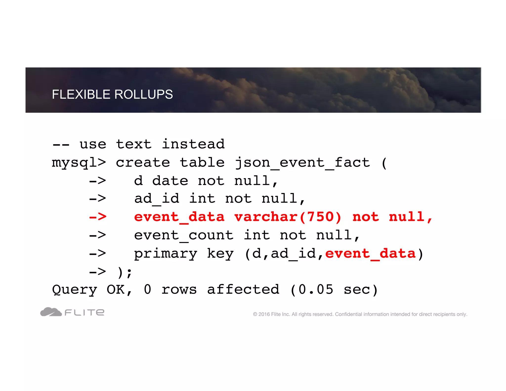 -- use text instead mysql> create table json_event_fact ( -> d date not null, -> ad_id int not null, -> event_data varchar(750) not null, -> event_count int not null, -> primary key (d,ad_id,event_data) -> ); Query OK, 0 rows affected (0.05 sec) FLEXIBLE ROLLUPS © 2016 Flite Inc. All rights reserved. Conﬁdential information intended for direct recipients only. 