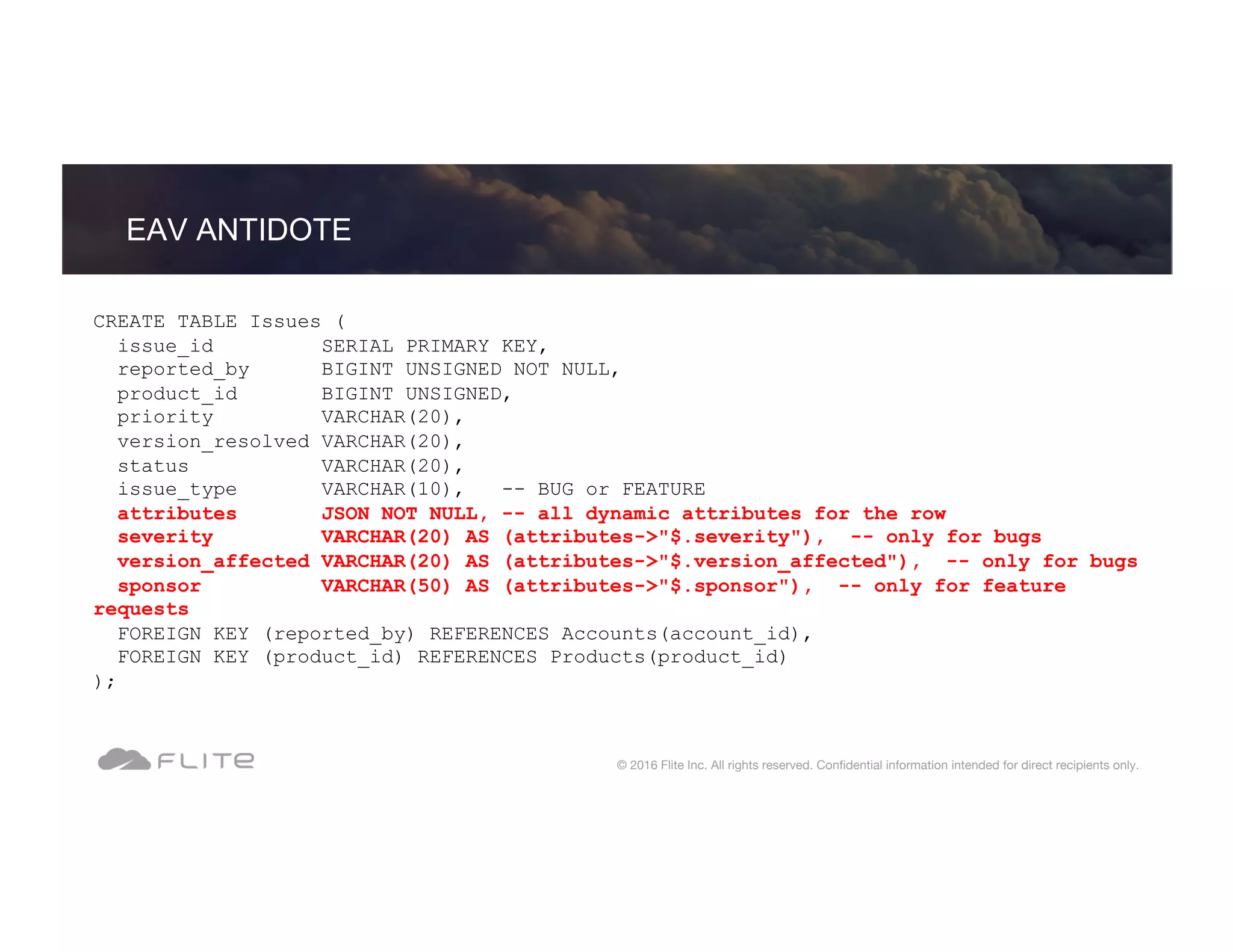 CREATE TABLE Issues ( issue_id SERIAL PRIMARY KEY, reported_by BIGINT UNSIGNED NOT NULL, product_id BIGINT UNSIGNED, priority VARCHAR(20), version_resolved VARCHAR(20), status VARCHAR(20), issue_type VARCHAR(10), -- BUG or FEATURE attributes JSON NOT NULL, -- all dynamic attributes for the row severity VARCHAR(20) AS (attributes->"$.severity"), -- only for bugs version_affected VARCHAR(20) AS (attributes->"$.version_affected"), -- only for bugs sponsor VARCHAR(50) AS (attributes->"$.sponsor"), -- only for feature requests FOREIGN KEY (reported_by) REFERENCES Accounts(account_id), FOREIGN KEY (product_id) REFERENCES Products(product_id) ); EAV ANTIDOTE © 2016 Flite Inc. All rights reserved. Conﬁdential information intended for direct recipients only. 