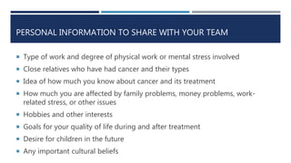 PERSONAL INFORMATION TO SHARE WITH YOUR TEAM
 Type of work and degree of physical work or mental stress involved
 Close relatives who have had cancer and their types
 Idea of how much you know about cancer and its treatment
 How much you are affected by family problems, money problems, work-
related stress, or other issues
 Hobbies and other interests
 Goals for your quality of life during and after treatment
 Desire for children in the future
 Any important cultural beliefs
 