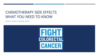 CHEMOTHERAPY SIDE EFFECTS
WHAT YOU NEED TO KNOW
ASHLEY GLODE, PHARMD, BCOP
 
