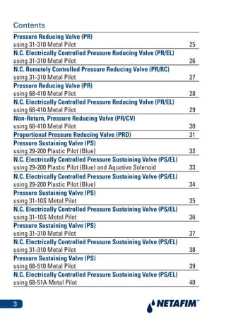 3
Contents
Pressure Reducing Valve (PR)
using 31-310 Metal Pilot 25
N.C. Electrically Controlled Pressure Reducing Valve (PR/EL)
using 31-310 Metal Pilot 26
N.C. Remotely Controlled Pressure Reducing Valve (PR/RC)
using 31-310 Metal Pilot 27
Pressure Reducing Valve (PR)
using 68-410 Metal Pilot 28
N.C. Electrically Controlled Pressure Reducing Valve (PR/EL)
using 68-410 Metal Pilot 29
Non-Return, Pressure Reducing Valve (PR/CV)
using 68-410 Metal Pilot 30
Proportional Pressure Reducing Valve (PRD) 31
Pressure Sustaining Valve (PS)
using 29-200 Plastic Pilot (Blue) 32
N.C. Electrically Controlled Pressure Sustaining Valve (PS/EL)
using 29-200 Plastic Pilot (Blue) and Aquative Solenoid 33
N.C. Electrically Controlled Pressure Sustaining Valve (PS/EL)
using 29-200 Plastic Pilot (Blue) 34
Pressure Sustaining Valve (PS)
using 31-10S Metal Pilot 35
N.C. Electrically Controlled Pressure Sustaining Valve (PS/EL)
using 31-10S Metal Pilot 36
Pressure Sustaining Valve (PS)
using 31-310 Metal Pilot 37
N.C. Electrically Controlled Pressure Sustaining Valve (PS/EL)
using 31-310 Metal Pilot 38
Pressure Sustaining Valve (PS)
using 68-510 Metal Pilot 39
N.C. Electrically Controlled Pressure Sustaining Valve (PS/EL)
using 68-51A Metal Pilot 40
 