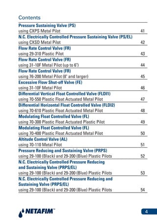 4
Contents
Pressure Sustaining Valve (PS)
using CXPS Metal Pilot 41
N.C. Electrically Controlled Pressure Sustaining Valve (PS/EL)
using CXSD Metal Pilot 42
Flow Rate Control Valve (FR)
using 29-310 Plastic Pilot 43
Flow Rate Control Valve (FR)
using 31-10F Metal Pilot (up to 6") 44
Flow Rate Control Valve (FR)
using 76-200 Metal Pilot (8" and larger) 45
Excessive Flow Shut-off Valve (FE)
using 31-10F Metal Pilot 46
Differential Vertical Float Controlled Valve (FLDI1)
using 70-550 Plastic Float Actuated Metal Pilot 47
Differential Horizontal Float Controlled Valve (FLDI2)
using 70-610 Plastic Float Actuated Metal Pilot 48
Modulating Float Controlled Valve (FL)
using 70-300 Plastic Float Actuated Plastic Pilot 49
Modulating Float Controlled Valve (FL)
using 70-400 Plastic Float Actuated Metal Pilot 50
Altitude Control Valve (AL)
using 70-110 Metal Pilot 51
Pressure Reducing and Sustaining Valve (PRPS)
using 29-100 (Black) and 29-200 (Blue) Plastic Pilots 52
N.C. Electrically Controlled Pressure Reducing
and Sustaining Valve (PRPS/EL)
using 29-100 (Black) and 29-200 (Blue) Plastic Pilots 53
N.C. Electrically Controlled Pressure Reducing and
Sustaining Valve (PRPS/EL)
using 29-100 (Black) and 29-200 (Blue) Plastic Pilots 54
 
