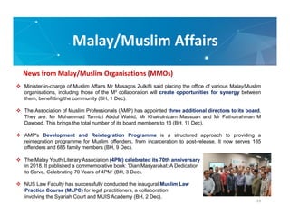 Malay/Muslim Affairs
19
News from Malay/Muslim Organisations (MMOs)
 Minister-in-charge of Muslim Affairs Mr Masagos Zulk...