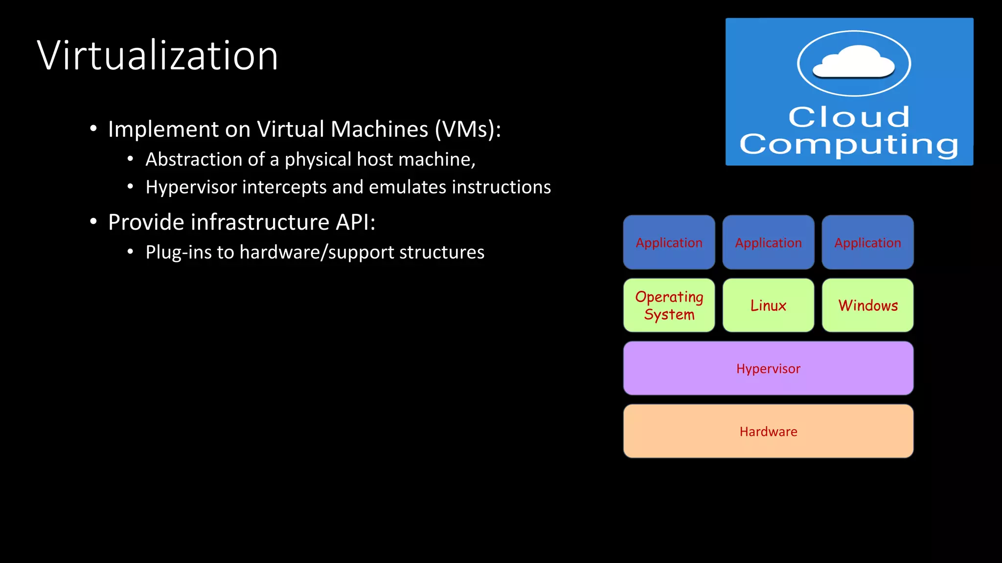Virtualization
• Implement on Virtual Machines (VMs):
• Abstraction of a physical host machine,
• Hypervisor intercepts and emulates instructions
• Provide infrastructure API:
• Plug-ins to hardware/support structures
Hardware
Operating
System
Application Application Application
Hypervisor
Linux Windows
 