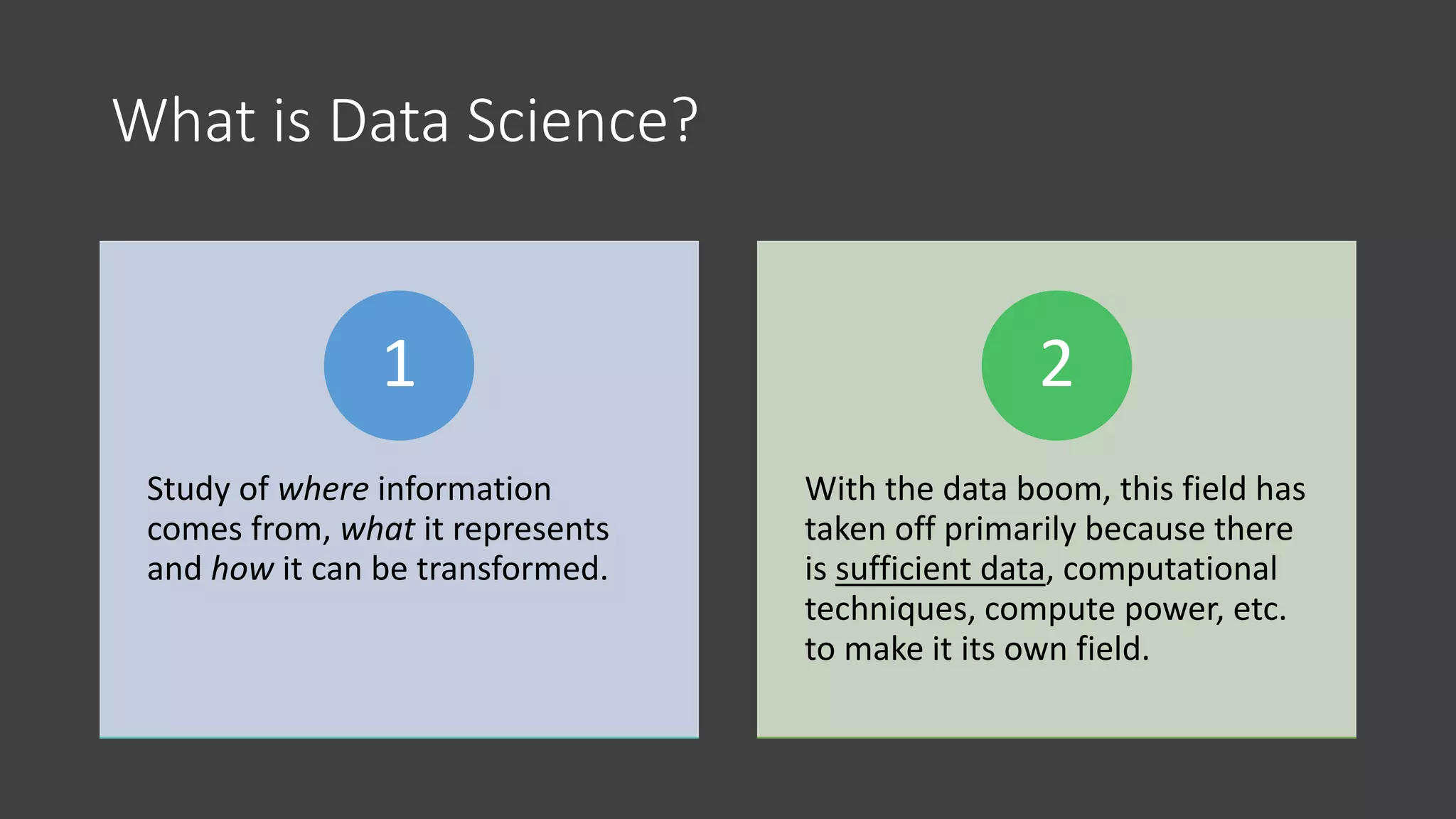 What is Data Science?
Study of where information
comes from, what it represents
and how it can be transformed.
1
With the data boom, this field has
taken off primarily because there
is sufficient data, computational
techniques, compute power, etc.
to make it its own field.
2
 