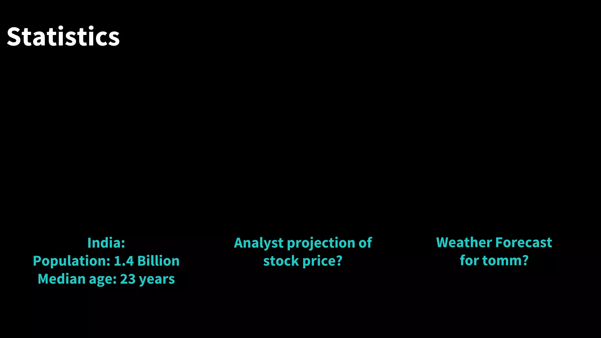 Statistics
Collection, analysis, interpretation and presentation of data
Descriptive
Inferential
Analyst projection of
stock price?
India:
Population: 1.4 Billion
Median age: 23 years
Predictive
Weather Forecast
for tomm?
 