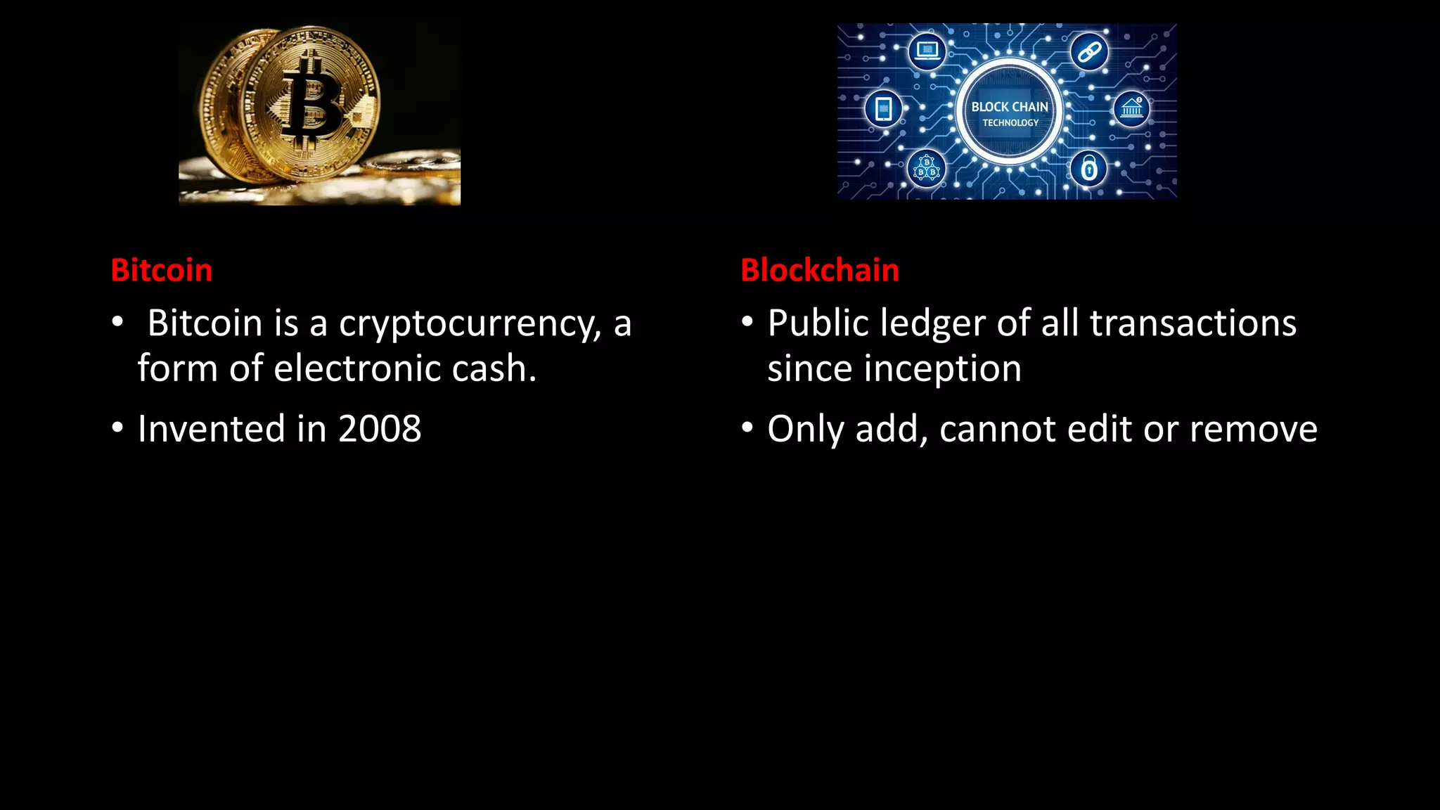 Bitcoin
• Bitcoin is a cryptocurrency, a
form of electronic cash.
• Invented in 2008
Blockchain
• Public ledger of all transactions
since inception
• Only add, cannot edit or remove
 