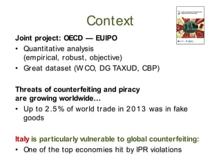Joint project: OECD — EUIPO
• Quantitative analysis
(empirical, robust, objective)
• Great dataset (W CO, DG TAXUD, CBP)
T...