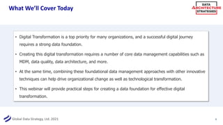 Global Data Strategy, Ltd. 2021
What We’ll Cover Today
4
• Digital Transformation is a top priority for many organizations, and a successful digital journey
requires a strong data foundation.
• Creating this digital transformation requires a number of core data management capabilities such as
MDM, data quality, data architecture, and more.
• At the same time, combining these foundational data management approaches with other innovative
techniques can help drive organizational change as well as technological transformation.
• This webinar will provide practical steps for creating a data foundation for effective digital
transformation.
 