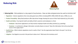 Global Data Strategy, Ltd. 2021
Reducing Risk
• Reducing Risk – Risk avoidance is a key aspect of any business. How can data and governance be used to minimize risk?
• Regulation: Industry regulations drive many data governance efforts including GDPR, HIPAA, BCBS 239, Spice, HIPAA, etc, etc.
• Product Traceability: Many food producers offer data-driven lineage showing the source of their food materials (e.g. fish catch).
• Health and Safety: Ensuring the health and safety of both customers and employees is critical.
• Employee: Data driven applications can help monitor employee health and safety activities (e.g. speeding).
• Customer: Is nutritional or allergen information correctly shown on menus? Does this information link to the actual food
source in the supply chain?
• Audit & Fines: Which industry regulations result in audit or fines? Has the organization been fined in the past? Can this be
quantified?
• Litigation: Has litigation occurred in the past due to data errors? What were the monetary sums?
14
Reducing Risk
 
