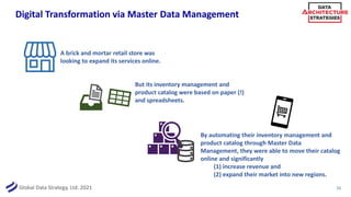 Global Data Strategy, Ltd. 2021
Digital Transformation via Master Data Management
15
A brick and mortar retail store was
looking to expand its services online.
But its inventory management and
product catalog were based on paper (!)
and spreadsheets.
By automating their inventory management and
product catalog through Master Data
Management, they were able to move their catalog
online and significantly
(1) increase revenue and
(2) expand their market into new regions.
 