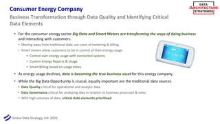 Global Data Strategy, Ltd. 2021
Consumer Energy Company
• For the consumer energy sector Big Data and Smart Meters are transforming the ways of doing business
and interacting with customers.
• Moving away from traditional data use cases of metering & billing.
• Smart meters allow customers to be in control of their energy usage.
• Control over energy usage with connected systems
• Custom Energy Reports & Usage
• Smart Billing based on usage times
• As energy usage declines, data is becoming the true business asset for this energy company.
• While the Big Data Opportunity is crucial, equally important are the traditional data sources
• Data Quality critical for operational and analytic data
• Data Governance critical for analyzing data in relation to business processes & roles
• With high volumes of data, critical data elements prioritized
Business Transformation through Data Quality and Identifying Critical
Data Elements
 