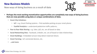 Global Data Strategy, Ltd. 2021
New Business Models
• Perhaps the most exciting monetization opportunities are completely new ways of doing business
that are now possible using data or unique combinations of data.
• Smart City Initiatives:
• IoT – e.g. Smart Parking systems – find available parking via your smart phone
• Footfall Analytics – understand pedestrian traffic patterns.
• Peer to Peer Ride Sharing: e.g. Uber, Lyft, etc. are all based on data
• Social Networking Sites: Facebook, Linkedin, etc. are all based on data relationships.
• Smart Buildings: Embedded sensors help detect materials failure.
• Smart Farming: IoT, connected devices, etc.
• …and more
22
New ways of doing business as a result of data
 