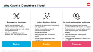 Confidential and Proprietary. Do not distribute without Couchbase consent. © Couchbase 2021. All rights reserved. 6
Why Capella (Couchbase Cloud)
Empowering Developer
Better
• Unlock team productivity with
self-service access to database
• Enable Agile development with unified
management console
• Enhance availability, security &
reliability with built-in best practices
Faster
• Accelerate development of responsive
web applications
• Enable increased security and
performance with flexible
deployment options
• Manage growth with on-demand
scaling
• Simple project, cluster and user
management
Unlock Business Agility
Cheaper
• Offload time-consuming and costly
operational tasks with always on-support
• Reduce costs by eliminating the need for
costly monitoring and configuration
software
• Flexible offerings to meeting your
business needs
• Leverage reserved instance pricing from
your CSP
Streamline Operations and Costs
 