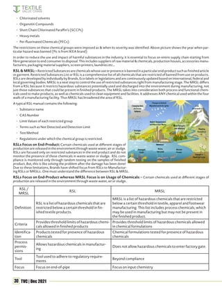 30 TVC | Dec 2021
• Chlorinated solvents
• Organotin Compounds
• Short Chain Chlorinated Paraffin’s (SCCPs)
• Heavy metals
• Per-fluorinated Chemicals (PFCs).
The restrictions on these chemical groups were imposed as & when its severity was identified. Above picture shows the year when par-
ticular hazard was banned (Pic is from IKEA brand)
In order to reduce the use and impact of harmful substances in the industry, it is essential to focus on entire supply chain starting from
fibre generation to end consumer to disposal. This includes suppliers of raw material & chemicals, production houses, accessories manu-
facturers, packaging material suppliers, screen-printers, laundries etc…
RSL&MRSL:-RestrictedSubstancesarechemicalswhoseuseorpresenceisbannedinaparticularend-productsuchasfinishedarticle
or garment. Restricted Substances List or RSL is a comprehensive list of all chemicals that are restricted of banned from use on products.
RSLs are developed by individually by Brands, Eco-labels or legislations and are continuously updated based on international, federal and
local governing bodies. MRSL is a next step to control the use of restricted substances right from manufacturing stage. The MRSL differs
from a RSL because it restricts hazardous substances potentially used and discharged into the environment during manufacturing, not
just those substances that could be present in finished products. The MRSL takes into consideration both process and functional chem-
icals used to make products, as well as chemicals used to clean equipment and facilities. It addresses ANY chemical used within the four
walls of a manufacturing facility. Thus MRSL has broadened the area of RSL.
A typical RSL manual contains the following:
• Substance name
• CAS Number
• Limit Values of each restricted group
• Terms such as Not Detected and Detection Limit
• Test Method
• Regulations under which the chemical group is restricted.
RSLs Focus on End-Product: Certain chemicals used at different stages of
production are released in the environment through waste water, air or sludge.
RSLs are focused only on restricted substances in the end product and do not
monitor the presence of these chemicals in waste water or sludge. RSL com-
pliance is monitored only through random testing on the samples of finished
product. But, this is like solving the problem after the damage has been done!
Due to these limitations, Brands have shifted focus from RSLs to Manufactur-
ing RSLs or MRSLs. One must understand the difference between RSL & MRSL.
RSLs Focus on End-Product whereas MRSL Focus is on Usage of Chemicals: - Certain chemicals used at different stages of
production are released in the environment through waste water, air or sludge.
RSL /
MRSL
RSL MRSL
Definition
RSL is a list of hazardous chemicals that are
restricted below a certain threshold in fin-
ished textile products.
MRSL is a list of hazardous chemicals that are restricted
below a certain threshold in textile, apparel and footwear
manufacturing. This list includes process chemicals, which
may be used in manufacturing but may not be present in
the finished product.
Criteria
Provides threshold limits of hazardous chemi-
cals allowed in finished products
Provides threshold limits of hazardous chemicals allowed
in chemical formulations
Identifica-
tion
Products tested for presence of hazardous
chemicals
Chemical formulations tested for presence of hazardous
chemicals
Process
permis-
sions
Allows hazardous chemicals in manufactur-
ing
Does not allow hazardous chemicals to enter factory gate.
Tool
Tool used to adhere to regulatory require-
ments
Beyond compliance
Focus Focus on end-of-pipe Focus on input chemistry
 