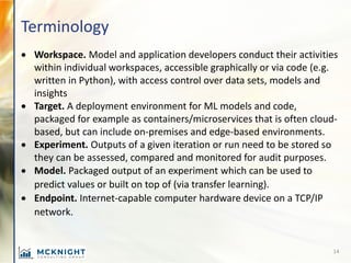 Terminology
• Workspace. Model and application developers conduct their activities
within individual workspaces, accessibl...