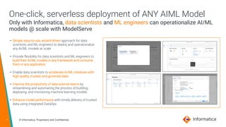 7 © Informatica. Proprietary and Confidential.
One-click, serverless deployment of ANY AIML Model
Only with Informatica, d...
