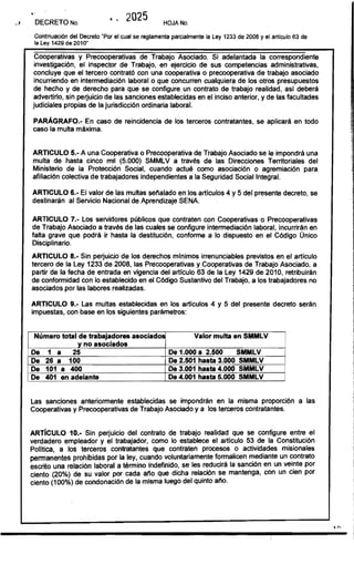 ,.
_,    DECRETO No.                 ",2025               HOJA No.

      Continuación del Decreto "Por el cual se reglamenta parcialmente la ley 1233 de 2008 y el articulo 63 de
      la ley 1429 de 2010"

      Cooperativas y Precooperativas de Trabajo Asociado. Si adelantada la correspondiente
     investigación, el inspector de Trabajo, en ejercicio de sus competencias administrativas,
     concluye que el tercero contrató con una cooperativa o precooperativa de trabajo asociado
     incurriendo en intermediación laboral o que concurren cualquiera de los otros presupuestos
     de hecho y de derecho para que se configure un contrato de trabajo realidad, as! deberá
     advertirlo, sin pe~uicio de las sanciones establecidas en el inciso anterior, y de las facultades
     judiciales propias de la jurisdicción ordinaria laboral.

     PARAGRAFO.- En caso de reincidencia de los terceros contratantes, se aplicará en todo
     caso la multa máxima.


     ARTICULO 5.- A una Cooperativa o Precooperativa de Trabajo Asociado se le impondrá una 

     multa de hasta cinco mil (5.000) SMMLV a través de las Direcciones Territoriales del 

     Ministerio de la Protección Social, cuando actué como asociación o agremiación para 

     afiliación colectiva de trabajadores independientes a la Seguridad Social Integral. 


     ARTICULO 6.- El valor de las multas seflalado en los articulas 4 y 5 del presente decreto, se 

     destinarán al Servicio Nacional de Aprendizaje SENA. 


     ARTICULO 7.- Los servidores públicos que contraten con Cooperativas o Precooperativas 

     de Trabajo Asociado a través de las cuales se configure intermediación laboral, incurrirán en 



                                                                                                                       I
     falta grave que podrá ir hasta la destitución, conforme a lo dispuesto en el Código Único 

     Disciplina rio. 

     ARTICULO 8.- Sin pe~ujcio de los derechos mlnimos irrenunciables previstos en el articulo 

     tercero de la Ley 1233 de 2008, las Precooperativas y Cooperativas de Trabajo Asociado, a 

     partir de la fecha de entrada en vigencia del articulo 63 de la Ley 1429 de 2010, retribuirán 

     de conformidad con lo establecido en el Código Sustantivo del Trabajo, a los trabajadores no 

                                                                                                                       1
                                                                                                                       1
     asociados por las labores realizadas. 
                                                                           ~
     ARTICULO 9.- Las multas establecidas en los articulos 4 y 5 del presente decreto serán 

     impuestas, con base en los siguientes parámetros: 



      Número total de trabajadores asociadOll                     Valor multa en SMMLV
                                                                                                     I
                   y no asociados
     De 1 a     25                                       De 1.000 a 2.500    SMMLV                   I
     De 26 a 100                                         De 2.501 hasta 3.000 SMMLV                  I
     De 101 a 400                                        De 3.001 hasta 4.000 SMMLV                  I
     De 401 en adelante                                  De 4.001 hasta 5.000 SMMLV                  I

     Las sanciones anteriormente establecidas se impondrán en la misma proporción a las 

     Cooperativas y Precooperativas de Trabajo Asociado y a los terceros contratantes. 



     ARTiCULO 10.- Sin perjuicio del contrato de trabajo realidad que se configure entre el 

     verdadero empleador y el trabajador, como lo establece el articulo 53 de la Constitución 

     Polltica, a los terceros contratantes que contraten procesos o actividades misionales 

     permanentes prohibidas por la ley, cuando voluntariamente formalicen ":lediante un <:<>ntrato 

     escrito una relación laboral a término indefinido, se les reducirá la sanCIón en un veinte por 

     ciento (20%) de su valor por cada afio que dicha relación se mantenga, con un cien por 

     ciento (100%) de condonación de la misma luego del quinto allo. 





                                                                                                                 ./"
 