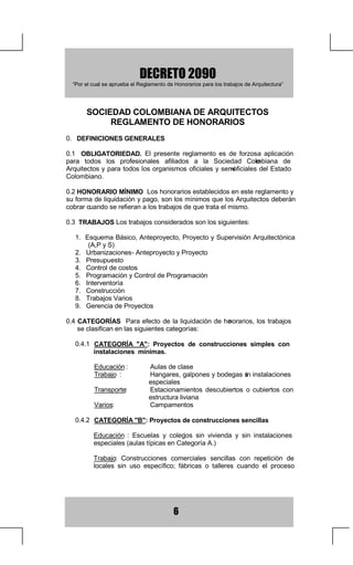 '(5(72
  ³3RUHOFXDOVHDSUXHEDHO5HJODPHQWRGH+RQRUDULRVSDUDORVWUDEDMRVGH$UTXLWHFWXUD´



         'H6XSHUYLVLyQ$UTXLWHFWyQLFD
3URSLHGDG,QWHOHFWXDOGHO 3URHFWR$UTXLWHFWyQLFR

85%$1,=$,21(6 $17(352(72352(72
'HVFULSFLyQGHORV7UDEDMRV
         $QWHSURHFWR
         3URHFWR
+RQRUDULRV
         8UEDQL]DFLRQHVGH9LYLHQGD
         2WUDV8UEDQL]DFLRQHV
         8UEDQL]DFLRQHVRPELQDGDV
         9DORUGHO+RQRUDULRVHJ~QOD7UDPLWDFLyQ
         8UEDQL]DFLRQHVHQ/RWHVFRQ3HQGLHQWH
7UDEDMRVQR,QFOXLGRVHQHO'LVHxRGH8UEDQLVPR

35(6838(672
'HVFULSFLyQGHO7UDEDMR
         )HFKDGHO3UHVXSXHVWR
          DStWXORVGHRQVWUXFFLyQ,QFOXLGRV
         3UHVHQWDFLyQGHO3UHVXSXHVWR
                    D 