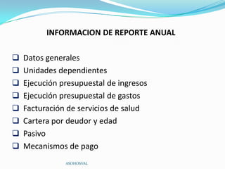 INFORMACION DE REPORTE ANUAL

 Datos generales
 Unidades dependientes
 Ejecución presupuestal de ingresos
 Ejecución presupuestal de gastos
 Facturación de servicios de salud
 Cartera por deudor y edad
 Pasivo
 Mecanismos de pago
               ASOHOSVAL
 