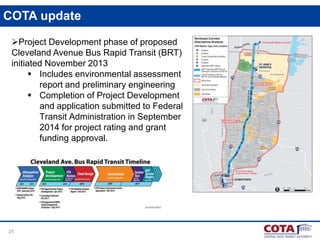 COTA update
Project Development phase of proposed
Cleveland Avenue Bus Rapid Transit (BRT)
initiated November 2013
 Includes environmental assessment
report and preliminary engineering
 Completion of Project Development
and application submitted to Federal
Transit Administration in September
2014 for project rating and grant
funding approval.

25

 