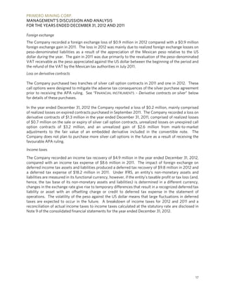 PRIMERO MINING CORP.
MANAGEMENT’S DISCUSSION AND ANALYSIS
FOR THE YEARS ENDED DECEMBER 31, 2012 AND 2011

Foreign exchange
The Company recorded a foreign exchange loss of $0.9 million in 2012 compared with a $0.9 million
foreign exchange gain in 2011. The loss in 2012 was mainly due to realized foreign exchange losses on
peso-denominated liabilities as a result of the appreciation of the Mexican peso relative to the US
dollar during the year. The gain in 2011 was due primarily to the revaluation of the peso-denominated
VAT receivable as the peso appreciated against the US dollar between the beginning of the period and
the refund of the VAT by the Mexican tax authorities in July 2011.
Loss on derivative contracts

The Company purchased two tranches of silver call option contracts in 2011 and one in 2012. These
call options were designed to mitigate the adverse tax consequences of the silver purchase agreement
prior to receiving the APA ruling. See “FINANCIAL INSTRUMENTS – Derivative contracts on silver” below
for details of these purchases.

In the year ended December 31, 2012 the Company reported a loss of $0.2 million, mainly comprised
of realized losses on expired contracts purchased in September 2011. The Company recorded a loss on
derivative contracts of $1.3 million in the year ended December 31, 2011, comprised of realized losses
of $0.7 million on the sale or expiry of silver call option contracts, unrealized losses on unexpired call
option contracts of $3.2 million, and an unrealized gain of $2.6 million from mark-to-market
adjustments to the fair value of an embedded derivative included in the convertible note. The
Company does not plan to purchase more silver call options in the future as a result of receiving the
favourable APA ruling.

Income taxes

The Company recorded an income tax recovery of $4.9 million in the year ended December 31, 2012,
compared with an income tax expense of $8.6 million in 2011. The impact of foreign exchange on
deferred income tax assets and liabilities produced a deferred tax recovery of $9.8 million in 2012 and
a deferred tax expense of $18.2 million in 2011. Under IFRS, an entity’s non-monetary assets and
liabilities are measured in its functional currency, however, if the entity’s taxable profit or tax loss (and,
hence, the tax base of its non-monetary assets and liabilities) is determined in a different currency,
changes in the exchange rate give rise to temporary differences that result in a recognized deferred tax
liability or asset with an offsetting charge or credit to deferred tax expense in the statement of
operations. The volatility of the peso against the US dollar means that large fluctuations in deferred
taxes are expected to occur in the future. A breakdown of income taxes for 2012 and 2011 and a
reconciliation of actual income taxes to income taxes calculated at the statutory rate are disclosed in
Note 9 of the consolidated financial statements for the year ended December 31, 2012.




                                                                                                            17
 