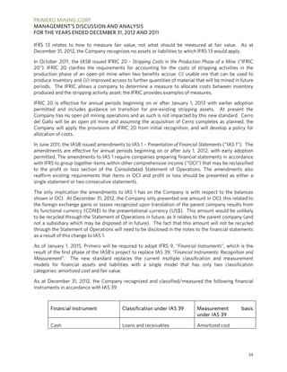 PRIMERO MINING CORP.
MANAGEMENT’S DISCUSSION AND ANALYSIS
FOR THE YEARS ENDED DECEMBER 31, 2012 AND 2011

IFRS 13 relates to how to measure fair value, not what should be measured at fair value. As at
December 31, 2012, the Company recognizes no assets or liabilities to which IFRS 13 would apply.

In October 2011, the IASB issued IFRIC 20 - Stripping Costs in the Production Phase of a Mine (“IFRIC
20”). IFRIC 20 clarifies the requirements for accounting for the costs of stripping activities in the
production phase of an open-pit mine when two benefits accrue: (i) usable ore that can be used to
produce inventory and (ii) improved access to further quantities of material that will be mined in future
periods. The IFRIC allows a company to determine a measure to allocate costs between inventory
produced and the stripping activity asset; the IFRIC provides examples of measures.

IFRIC 20 is effective for annual periods beginning on or after January 1, 2013 with earlier adoption
permitted and includes guidance on transition for pre-existing stripping assets. At present the
Company has no open pit mining operations and as such is not impacted by this new standard. Cerro
del Gallo will be an open pit mine and assuming the acquisition of Cerro completes as planned, the
Company will apply the provisions of IFRIC 20 from initial recognition, and will develop a policy for
allocation of costs.

In June 2011, the IASB issued amendments to IAS 1 – Presentation of Financial Statements (“IAS 1”). The
amendments are effective for annual periods beginning on or after July 1, 2012, with early adoption
permitted. The amendments to IAS 1 require companies preparing financial statements in accordance
with IFRS to group together items within other comprehensive income (“OCI”) that may be reclassified
to the profit or loss section of the Consolidated Statement of Operations. The amendments also
reaffirm existing requirements that items in OCI and profit or loss should be presented as either a
single statement or two consecutive statements.

The only implication the amendments to IAS 1 has on the Company is with respect to the balances
shown in OCI. At December 31, 2012, the Company only presented one amount in OCI; this related to
the foreign exchange gains or losses recognized upon translation of the parent company results from
its functional currency (CDN$) to the presentational currency (US$). This amount would be unlikely
to be recycled through the Statement of Operations in future, as it relates to the parent company (and
not a subsidiary which may be disposed of in future). The fact that this amount will not be recycled
through the Statement of Operations will need to be disclosed in the notes to the financial statements
as a result of this change to IAS 1.

As of January 1, 2015, Primero will be required to adopt IFRS 9, “Financial Instruments”, which is the
result of the first phase of the IASB’s project to replace IAS 39, “Financial Instruments: Recognition and
Measurement”. The new standard replaces the current multiple classification and measurement
models for financial assets and liabilities with a single model that has only two classification
categories: amortized cost and fair value.

As at December 31, 2012, the Company recognized and classified/measured the following financial
instruments in accordance with IAS 39:



        Financial instrument              Classification under IAS 39         Measurement           basis
                                                                              under IAS 39

        Cash                              Loans and receivables               Amortized cost




                                                                                                       34
 