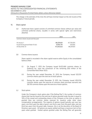 PRIMERO MINING CORP.
NOTES TO THE CONSOLIDATED FINANCIAL STATEMENTS
DECEMBER 31, 2012
(Amounts in thousands of United States dollars unless otherwise stated)

       The change in the estimate of the mine life will have minimal impact on the net income of the
       Company in future periods.


15.    Share capital

       (a)      Authorized share capital consists of unlimited common shares without par value and
                unlimited preferred shares, issuable in series with special rights and restrictions
                attached.

                                                                        2012               2011
        Common shares issued and fully paid

        At January 1                                             88,259,831         87,739,005
        Issued during period (Note 15 (b))                        8,945,791            520,826
        At December 31                                           97,205,622         88,259,831




       (b)      Common shares issuance

                Share capital is recorded in the share capital reserve within Equity in the consolidated
                balance sheet.


                (i)      On August 7, 2012 the Company issued 8,422,460 common shares to
                         Goldcorp Inc. upon the conversion of the remaining $30 million of the
                         Convertible Note (Note 13(i)).

                (ii)     During the year ended December 31, 2012 the Company issued 523,331
                         common shares upon the exercise of stock options.

                (ii)     During the year ended December 31 2011, the Company issued 492,076
                         common shares upon the exercise of common share purchase warrants and
                         28,750 common shares upon the exercise of stock options.


       (c)      Stock options

                Under the Company’s stock option plan (“the Rolling Plan”), the number of common
                shares that may be issued on the exercise of options granted under the plan is equal to
                10% of the issued and outstanding shares of the Company at the time an option is
                granted (less any common shares reserved for issuance under other share
                compensation arrangements). The majority of options issued typically vest over two
                years; one third upon the date of grant, one third a year from the grant date, and one
                third two years from the grant date, however, this is at the discretion of the Board of
                Directors upon grant. All options are equity-settled and have a maximum term of ten
                years when granted. Vested options granted under the Rolling Plan will generally
                                                                                                      81
 