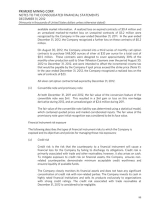 PRIMERO MINING CORP.
NOTES TO THE CONSOLIDATED FINANCIAL STATEMENTS
DECEMBER 31, 2012
(Amounts in thousands of United States dollars unless otherwise stated)

               available market information. A realized loss on expired contracts of $0.4 million and
               an unrealized marked-to-market loss on unexpired contracts of $3.2 million were
               recognized by the Company in the year ended December 31, 2011. In the year ended
               December 31, 2012, the Company recognized a further loss on these contracts of $0.2
               million.

               On August 30, 2012, the Company entered into a third series of monthly call option
               contracts to purchase 548,000 ounces of silver at $33 per ounce for a total cost of
               $0.5 million. These contracts were designed to cover approximately 30% of the
               monthly silver production sold to Silver Wheaton Caymans over the period August 30,
               2012 to December 31, 2012. and were intended to offset the incremental income tax
               that would be payable by the Company if spot prices exceed the strike price (Note 9).
               In the year ended December 31, 2012, the Company recognized a realized loss on the
               sale of contracts of $23.

               All silver call option contracts had expired by December 31, 2012.

       (ii)    Convertible note and promissory note

               At both December 31, 2011 and 2012, the fair value of the conversion feature of the
               convertible note was $nil. This resulted in a $nil gain or loss on this non-hedge
               derivative during 2012, and an unrealized gain of $2.6 million during 2011.

               The fair value of the convertible note liability was determined using a statistical model,
               which contained quoted prices and market-corroborated inputs. The fair value of the
               promissory note upon initial recognition was considered to be its face value.

       Financial instrument risk exposure

       The following describes the types of financial instrument risks to which the Company is
       exposed and its objectives and policies for managing those risk exposures:

       (a)     Credit risk

               Credit risk is the risk that the counterparty to a financial instrument will cause a
               financial loss for the Company by failing to discharge its obligations. Credit risk is
               primarily associated with trade and other receivables; however, it also arises on cash.
               To mitigate exposure to credit risk on financial assets, the Company ensures non-
               related counterparties demonstrate minimum acceptable credit worthiness and
               ensures liquidity of available funds.

               The Company closely monitors its financial assets and does not have any significant
               concentration of credit risk with non-related parties. The Company invests its cash in
               highly rated financial institutions and sells its products exclusively to organizations
               with strong credit ratings. The credit risk associated with trade receivables at
               December 31, 2012 is considered to be negligible.



                                                                                                      88
 