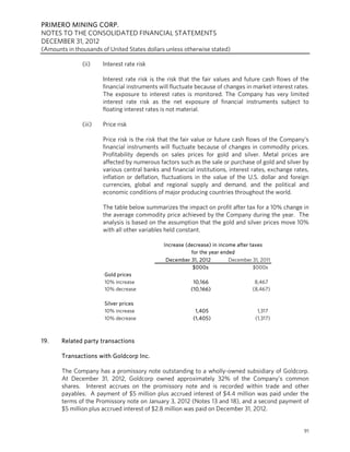 PRIMERO MINING CORP.
NOTES TO THE CONSOLIDATED FINANCIAL STATEMENTS
DECEMBER 31, 2012
(Amounts in thousands of United States dollars unless otherwise stated)

               (ii)    Interest rate risk

                       Interest rate risk is the risk that the fair values and future cash flows of the
                       financial instruments will fluctuate because of changes in market interest rates.
                       The exposure to interest rates is monitored. The Company has very limited
                       interest rate risk as the net exposure of financial instruments subject to
                       floating interest rates is not material.

               (iii)   Price risk

                       Price risk is the risk that the fair value or future cash flows of the Company’s
                       financial instruments will fluctuate because of changes in commodity prices.
                       Profitability depends on sales prices for gold and silver. Metal prices are
                       affected by numerous factors such as the sale or purchase of gold and silver by
                       various central banks and financial institutions, interest rates, exchange rates,
                       inflation or deflation, fluctuations in the value of the U.S. dollar and foreign
                       currencies, global and regional supply and demand, and the political and
                       economic conditions of major producing countries throughout the world.

                       The table below summarizes the impact on profit after tax for a 10% change in
                       the average commodity price achieved by the Company during the year. The
                       analysis is based on the assumption that the gold and silver prices move 10%
                       with all other variables held constant.

                                              Increase (decrease) in income after taxes
                                                         for the year ended
                                               December 31, 2012         December 31, 2011
                                                          $000s                    $000s
                       Gold prices
                       10% increase                       10,166                   8,467
                       10% decrease                      (10,166)                 (8,467)

                       Silver prices
                       10% increase                        1,405                    1,317
                       10% decrease                       (1,405)                  (1,317)



19.    Related party transactions

       Transactions with Goldcorp Inc.

       The Company has a promissory note outstanding to a wholly-owned subsidiary of Goldcorp.
       At December 31, 2012, Goldcorp owned approximately 32% of the Company’s common
       shares. Interest accrues on the promissory note and is recorded within trade and other
       payables. A payment of $5 million plus accrued interest of $4.4 million was paid under the
       terms of the Promissory note on January 3, 2012 (Notes 13 and 18), and a second payment of
       $5 million plus accrued interest of $2.8 million was paid on December 31, 2012.


                                                                                                      91
 