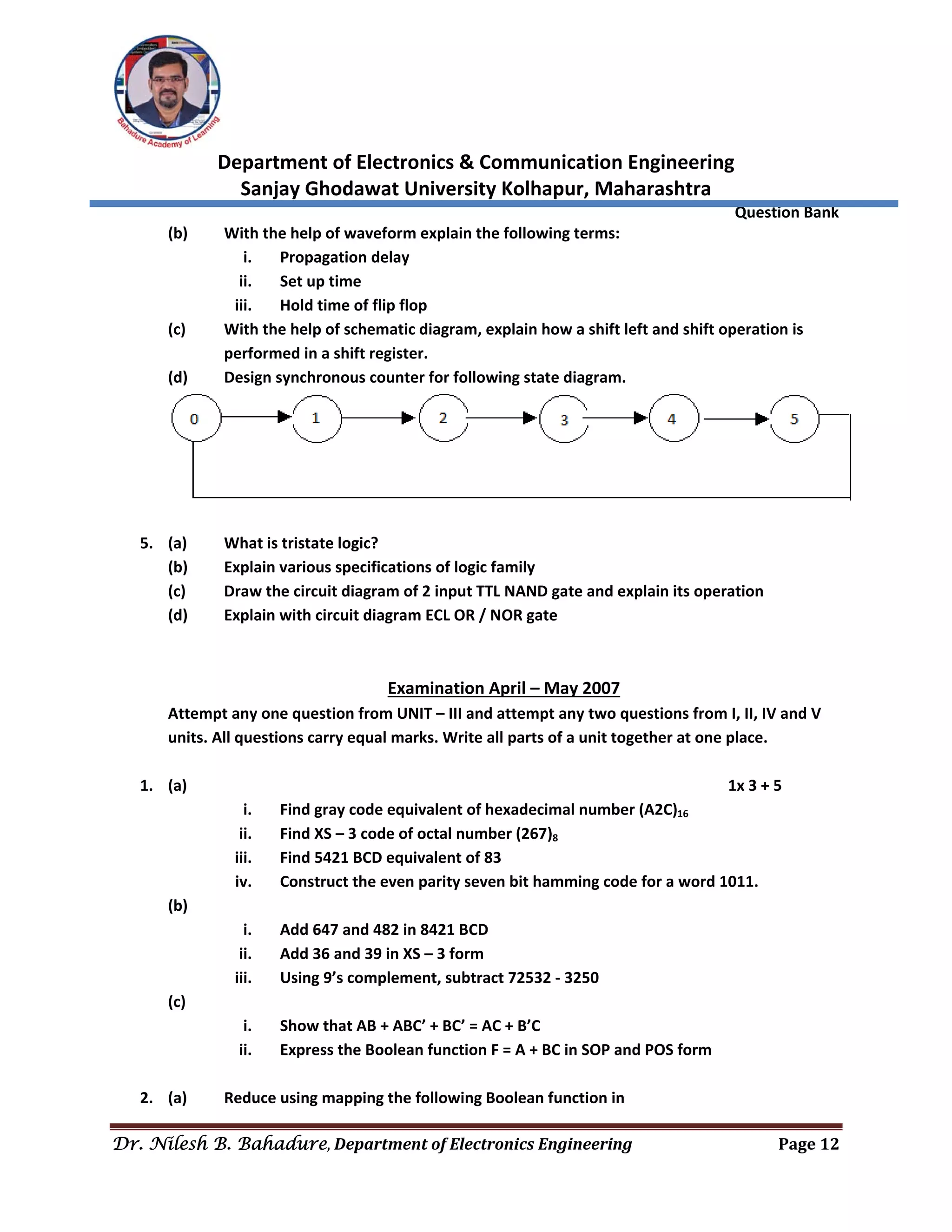  
Department of Electronics & Communication Engineering 
Sanjay Ghodawat University Kolhapur, Maharashtra 
                Question Bank 
Dr. Nilesh B. Bahadure, Department	of	Electronics	Engineering Page	12
 
(b)  With the help of waveform explain the following terms: 
i. Propagation delay 
ii. Set up time 
iii. Hold time of flip flop 
(c)  With the help of schematic diagram, explain how a shift left and shift operation is 
performed in a shift register. 
(d)  Design synchronous counter for following state diagram. 
 
 
5. (a)  What is tristate logic? 
(b)  Explain various specifications of logic family 
(c)  Draw the circuit diagram of 2 input TTL NAND gate and explain its operation 
(d)  Explain with circuit diagram ECL OR / NOR gate 
 
 
Examination April – May 2007 
Attempt any one question from UNIT – III and attempt any two questions from I, II, IV and V 
units. All questions carry equal marks. Write all parts of a unit together at one place. 
 
1. (a)                    1x 3 + 5 
i. Find gray code equivalent of hexadecimal number (A2C)16 
ii. Find XS – 3 code of octal number (267)8 
iii. Find 5421 BCD equivalent of 83 
iv. Construct the even parity seven bit hamming code for a word 1011. 
(b)   
i. Add 647 and 482 in 8421 BCD 
ii. Add 36 and 39 in XS – 3 form 
iii. Using 9’s complement, subtract 72532 ‐ 3250 
(c) 
i. Show that AB + ABC’ + BC’ = AC + B’C 
ii. Express the Boolean function F = A + BC in SOP and POS form 
 
2. (a)  Reduce using mapping the following Boolean function in 
 
