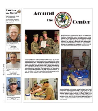 Buzz on
                   the Street
                   By CECN Lucinda Moise
                                                                        Around
                   NCBC Public Affairs
                   How do you feel about
                   the constantly fluctuat-                                                         the
                   ing weather?
                                                                                                                                                            Center

                                                                                                                                   Naval Construction Battalion Center (NCBC) and 20th Seabee
                                                                                                                                   Readiness Group (SRG) held a frocking ceremony at the
                                                                                                                                   Training Hall for Sailors selected for advancement from the
                                                                                                                                   Sept. exam, Nov. 29. Frocking authorizes a Sailor to wear the
                                                                                                                                   insignia of the paygrade of which they have been selected,
                   “It doesn’t impact me                                                                                           and carries with it additional duties and responsibilities,
                   much, I’m from here so                                                                                          but does not include pay and allowances. (U.S. Navy photos by
                   I’m used to it.”
                                                                                                                                   Chief Mass Communication Specialist Ryan G. Wilber/Released)
                           Alex Carter
                          Navy College
                      Hometown: Gulfport, Miss.




                                                      Information Systems Technician 1st Class Kelli Rogers, left and Con-
                                                      struction Electrician 1st Class Nerissia Lowers, assigned to 20th Seabee
                                                      Readiness Group (SRG), sort toys for the Operation Homefront Toy Col-
                                                      lection Drive sponsored by Balfour Beatty Communities on board
December 6, 2012




                                                      Naval Construction Battalion Center (NCBC). Balfour Beatty will con-
                                                      tinue its tradition of hosting toy giveaways this holiday season with
                                                      toys collected from local Dollar Trees as a result of the generosity of
                   “As long as it’s not snowing I’m   their customers. Bring the kids to the NCBC Fire Department Dec. 10,
                   happy.”
                                                      9:30 - 10:30 a.m. or 3 - 5 p.m. to see Sparky and to get a bag of good-
                       Kim Guillemette                ies!(Photo courtesy of Balfour Beatty Communities/Released)
                         Navy College
                    Hometown: Douglas, Mass.
Seabee Courier




                                                                                                                                 Personnel assigned to the Colmer Dining Facility on board Naval
                                                                                                                                 Construction Battalion Center (NCBC) prepare food for the
                                                                                                                                 lunchtime meal Nov. 30. The Colmer Dining Facility is open for
                                                                                                                                 breakfast Monday - Friday , 5:45-7:45 a.m., lunch, 11 a.m.-12:30
                   “It’s frustrating.”                                                                                           p.m., and dinner, 4:30-6 p.m., and Saturday and Sunday, break-
                                                                                                                                 fast, 6:30-8 a.m., lunch, 11 a.m.-12:30 p.m., and dinner, 4-5:30
                   BUCN (SCW) Juan Vazquezl                                                                                      p.m. (U.S. Navy photo by Chief Mass Communication Specialist Ryan G.
                          NMCB 11
                                                                                                                                 Wilber/Released)
                    Hometown: Abilene, Texas
  3
 