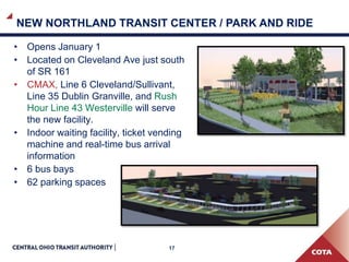 17
NEW NORTHLAND TRANSIT CENTER / PARK AND RIDE
• Opens January 1
• Located on Cleveland Ave just south
of SR 161
• CMAX, Line 6 Cleveland/Sullivant,
Line 35 Dublin Granville, and Rush
Hour Line 43 Westerville will serve
the new facility.
• Indoor waiting facility, ticket vending
machine and real-time bus arrival
information
• 6 bus bays
• 62 parking spaces
 
