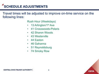 8
SCHEDULE ADJUSTMENTS
Travel times will be adjusted to improve on-time service on the
following lines:
Rush Hour (Weekdays)
• 13 Arlington/1st Ave
• 41 Crosswoods-Polaris
• 42 Sharon Woods
• 43 Westerville
• 44 Easton
• 46 Gahanna
• 51 Reynoldsburg
• 74 Smoky Row
 