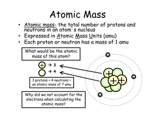 Atomic Mass
• Atomic mass- the total number of protons and
neutrons in an atom’s nucleus
• Expressed in Atomic Mass Units (amu)
• Each proton or neutron has a mass of 1 amu
+
++
-
-
-
What would be the atomic
mass of this atom?
+  3
 4
3 protons + 4 neutrons =
an atomic mass of 7 amu
Why did we not account for the
electrons when calculating the
atomic mass?
 