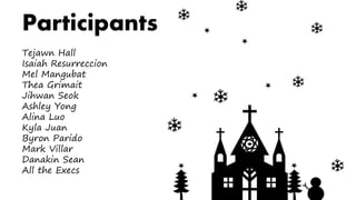 Participants
Tejawn Hall
Isaiah Resurreccion
Mel Mangubat
Thea Grimait
Jihwan Seok
Ashley Yong
Alina Luo
Kyla Juan
Byron Parido
Mark Villar
Danakin Sean
All the Execs
 