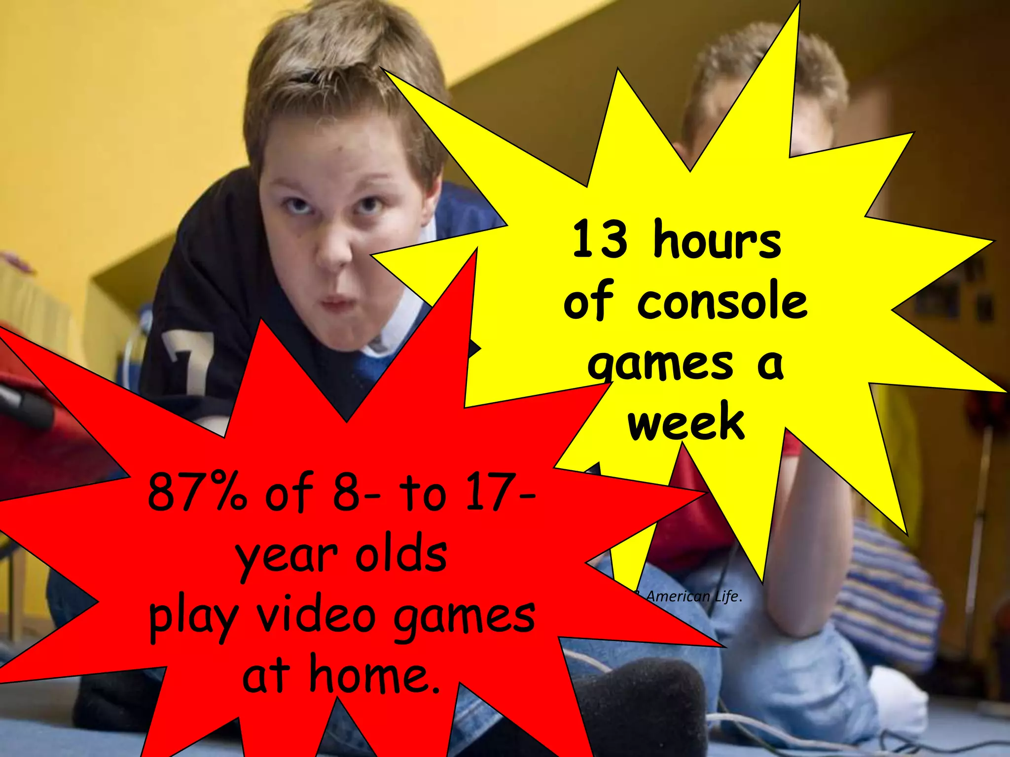 13 hours
                                                     of console
                                                      games a
                                                        week
87% of 8- to 17-
    year olds
play video games
   Digital divisions. Report by the Pew /Internet: Pew Internet & American Life.
   US Department of Commerce



    at home.
 