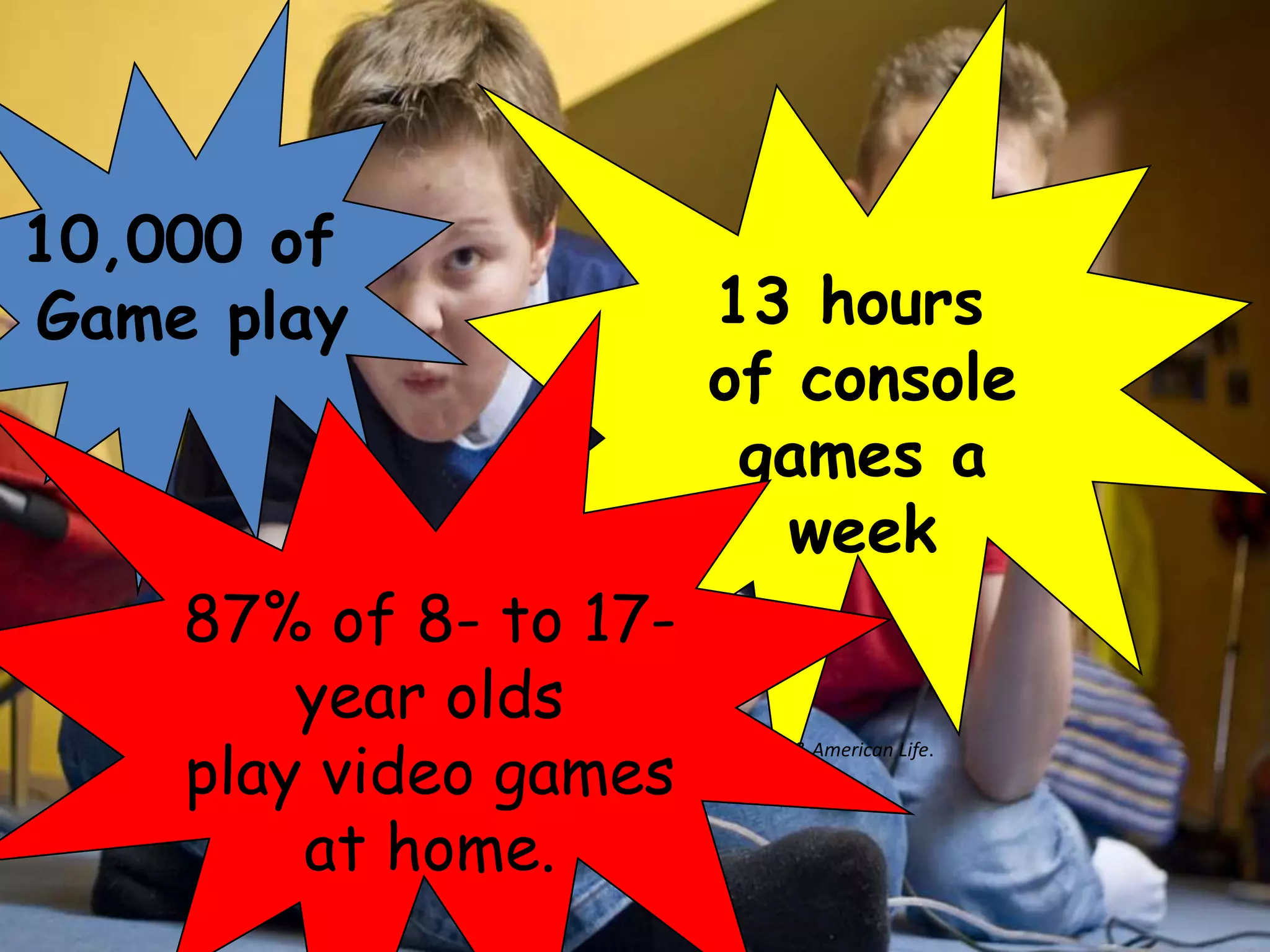 10,000 of
Game play                                                13 hours
                                                         of console
                                                          games a
                                                            week
    87% of 8- to 17-
        year olds
    play video games
       Digital divisions. Report by the Pew /Internet: Pew Internet & American Life.
       US Department of Commerce



        at home.
 