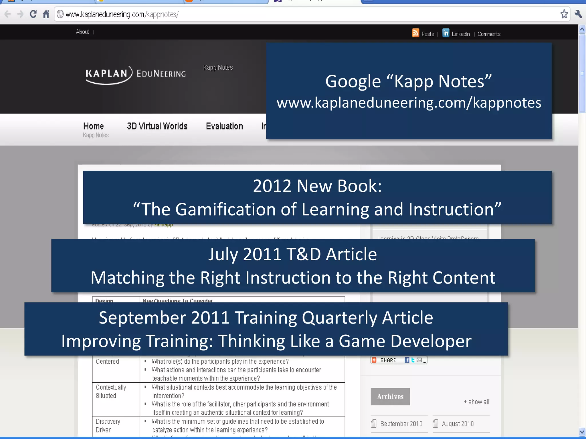 Google “Kapp Notes”
                          www.kaplaneduneering.com/kappnotes




                      2012 New Book:
        “The Gamification of Learning and Instruction”

                 July 2011 T&D Article
   Matching the Right Instruction to the Right Content

    September 2011 Training Quarterly Article
Improving Training: Thinking Like a Game Developer
 