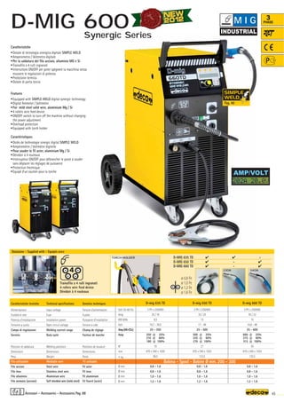 Volt 50-60 Hz
Amp
KW 60%
Volt
Amp(AR-CO2)
Amp
N°
mm
–
~ kg.
Ø mm
Ø mm
Ø mm
Ø mm
D-mig 635 TD
3 Ph x 230/400
25 / 16
8,5
16,7 - 39,5
25 - 350
350 @ 25%
210 @ 60%
180 @ 100%
10
870 x 540 x 1020
96,5
0,8 - 1,6
0,8 - 1,6
1,0 - 1,6
1,2 - 1,6
D-mig 650 TD
3 Ph x 230/400
32 / 25
15
17 - 48
25 - 500
500 @ 25%
335 @ 60%
270 @ 100%
21
870 x 540 x 1020
123,5
0,8 - 1,6
0,8 - 1,6
1,0 - 1,6
1,2 - 1,6
D-mig 660 TD
3 Ph x 230/400
50 / 32
15
16,8 - 48
25 - 600
600 @ 25%
375 @ 60%
315 @ 100%
30
870 x 540 x 1020
135,5
0,8 - 1,6
0,8 - 1,6
1,0 - 1,6
1,2 - 1,6
TORCH HOLDER D-MIG 635 TD   -
D-MIG 650 TD  - 
D-MIG 660 TD  - 
ø 0,8 Fe
ø 1,0 Fe
ø 1,2 Fe
ø 1,6 Fe
45
3
PHASE
AMP/VOLT
Caratteristiche tecniche
Alimentazione
Fusibile di rete
Potenza d’installazione
Tensione a vuoto
Campo di regolazione
Servizio
Posizioni di saldatura
Dimensioni
Peso
Filo acciaio
Filo inox
Filo alluminio
Filo animato (acciaio)
Technical specifications
Input voltage
Fuse
Installation power
Open circuit voltage
Welding current range
Duty cycle
Welding positions
Dimensions
Weight
Steel wire
Stainless steel wire
Aluminium wire
Self shielded wire (mild steel)
Filo utilizzabile Weldable wire Fil utilisable
Donnèes techniques
Tension d’alimentation
Fusible
Puissance d’installation
Tension à vide
Champ de réglage
Facteur de marche
Positions de soudure
Dimensions
Poids
Fil acier
Fil inox
Fil aluminium
Fil fourré (acier)
Bobina - Spool - Bobine Ø mm. 200 - 300
Caratteristiche
•Dotate di tecnologia sinergica digitale SIMPLE WELD
•Amperometro / Voltmetro digitale
•Per la saldatura del filo acciaio, alluminio MG e Si
•Trainafilo a 4 rulli ingranati
•Interruttore ON/OFF per poter spegnere la macchina senza
muovere le regolazioni di potenza
•Protezione termica
•Dotate di porta torcia
Features
•Equipped with SIMPLE WELD digital synergic technology
•Digital Ammeter / Voltmeter
•For mild steel solid wire, aluminium Mg / Si
•4 rollers wire feed device
•ON/OFF switch to turn off the machine without changing
the power adjustment
•Overload protection
•Equipped with torch holder
Caractéristiques
•Dotès de technologie sinergic digital SIMPLE WELD
•Ampèremètre / Voltmètre digitelle
•Pour souder le fil acier, aluminium Mg / Si
•Dévidoir à 4 rouleaux
•Interrupteur ON/OFF pour débrancher le poste à souder
sans déplacer les réglages de puissance
•Protection thermique
•Equipé d’un soutien pour la torche
Trainafilo a 4 rulli ingranati
4 rollers wire feed device
Dévidoir à 4 rouleaux
Dotazione - Supplied with - Equipés avec
Accessori - Accessories - Accessoires Pag. 88
M I G
D-MIG 600
Pag. 40
340A
230A
Synergic Series
 